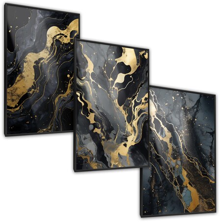 ZESTAW 3X PLAKAT W RAMIE ABSTRAKCJA CZARNY MARMUR GLAMOUR DO SYPIALNI 30x40cm