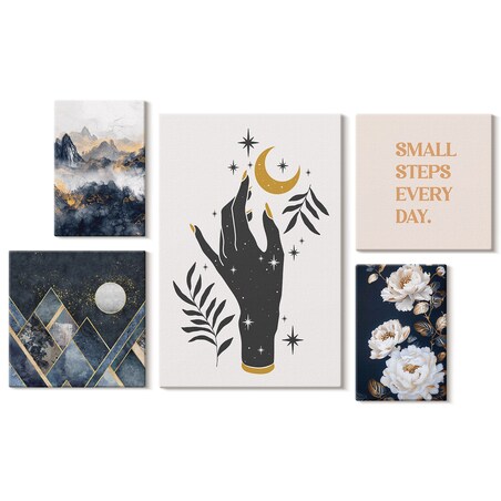 Zestaw 5 obrazów na płótnie - Styl boho z naturą i przesłaniami - granatowy