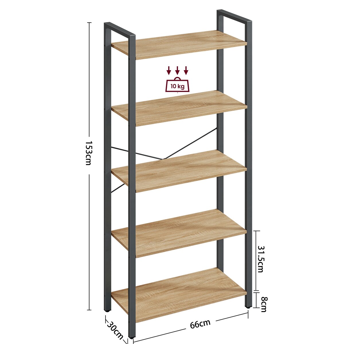 Regał Półka Na Książki 66X30X153 Cm Sonoma, Czarny