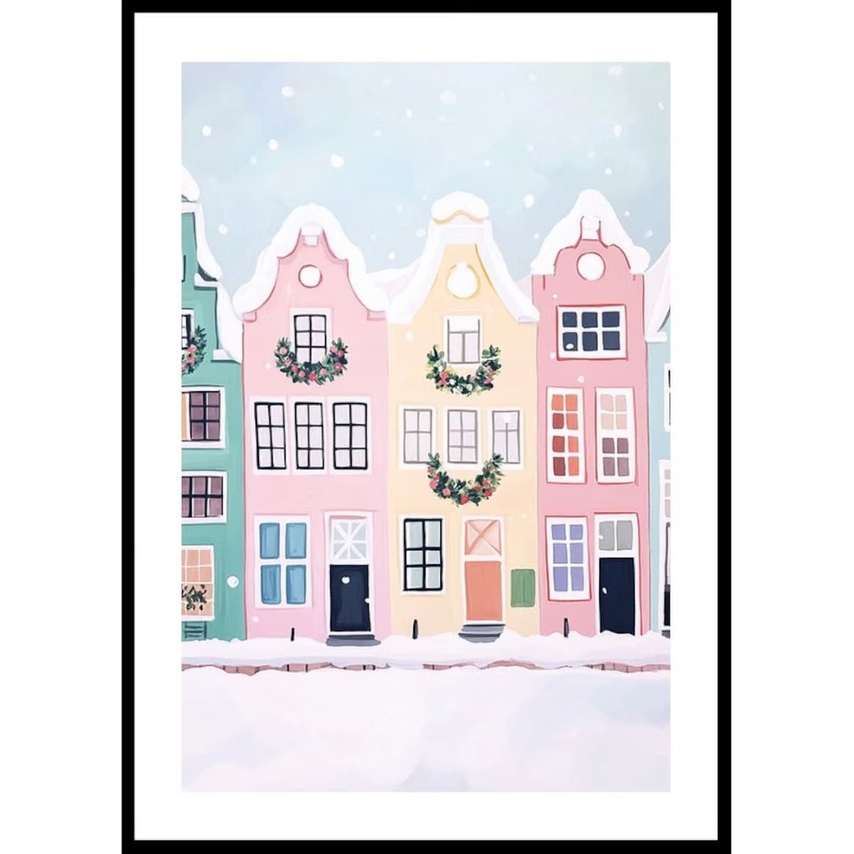 Poster Story, Plakat, Obraz - Pastelowe Domy z Świątecznymi Wieńcami, wymiary 60 x 84 cm