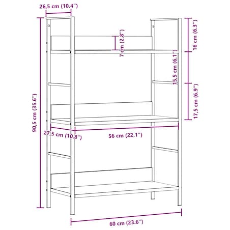 vidaXL Regał z 3 półkami, kolor dębowy, 60x27,6x90,5 cm