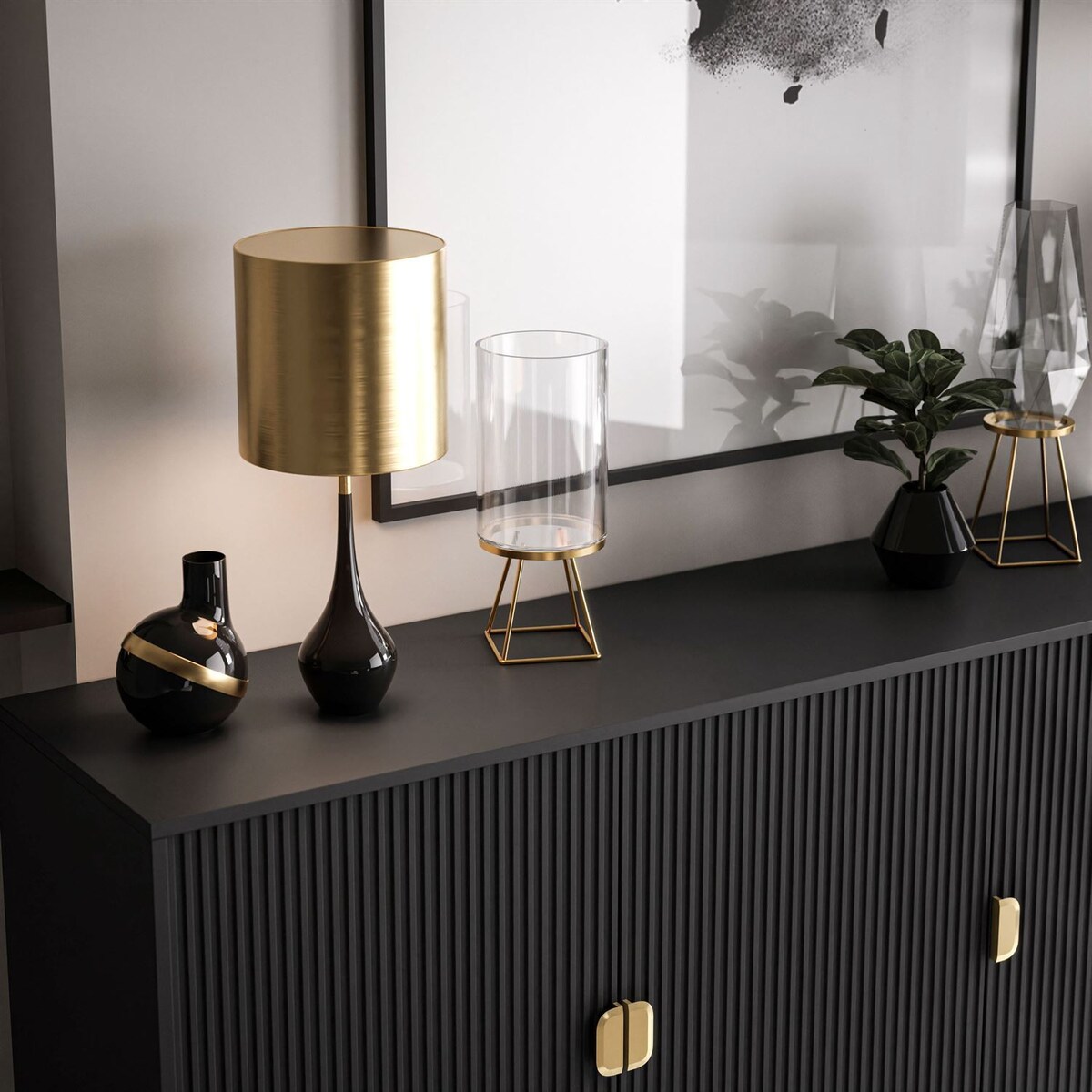 Komoda trzydrzwiowa DALIA 3D, czarna, nóżki złote