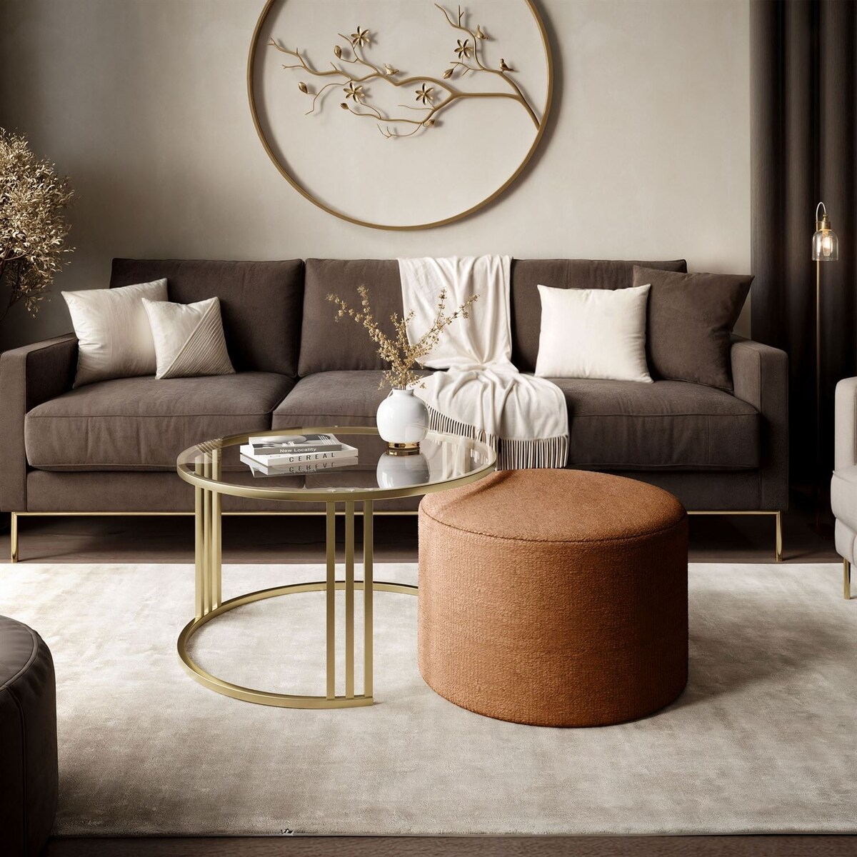 Stolik kawowy z pufą LORI GLASS złoto szczotkowane, przezroczyste szkło / Perfect Harmony 52