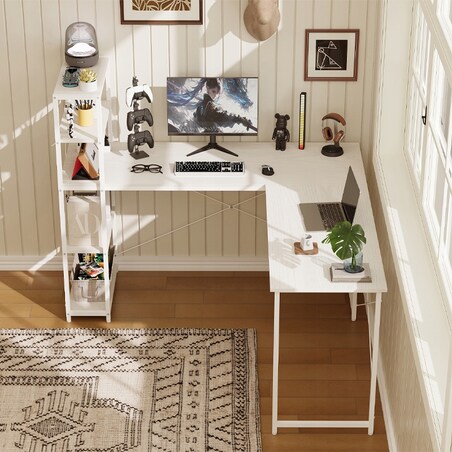 Biurko komputerowe narożne półkami regałem białe eleganckie szkolne loft