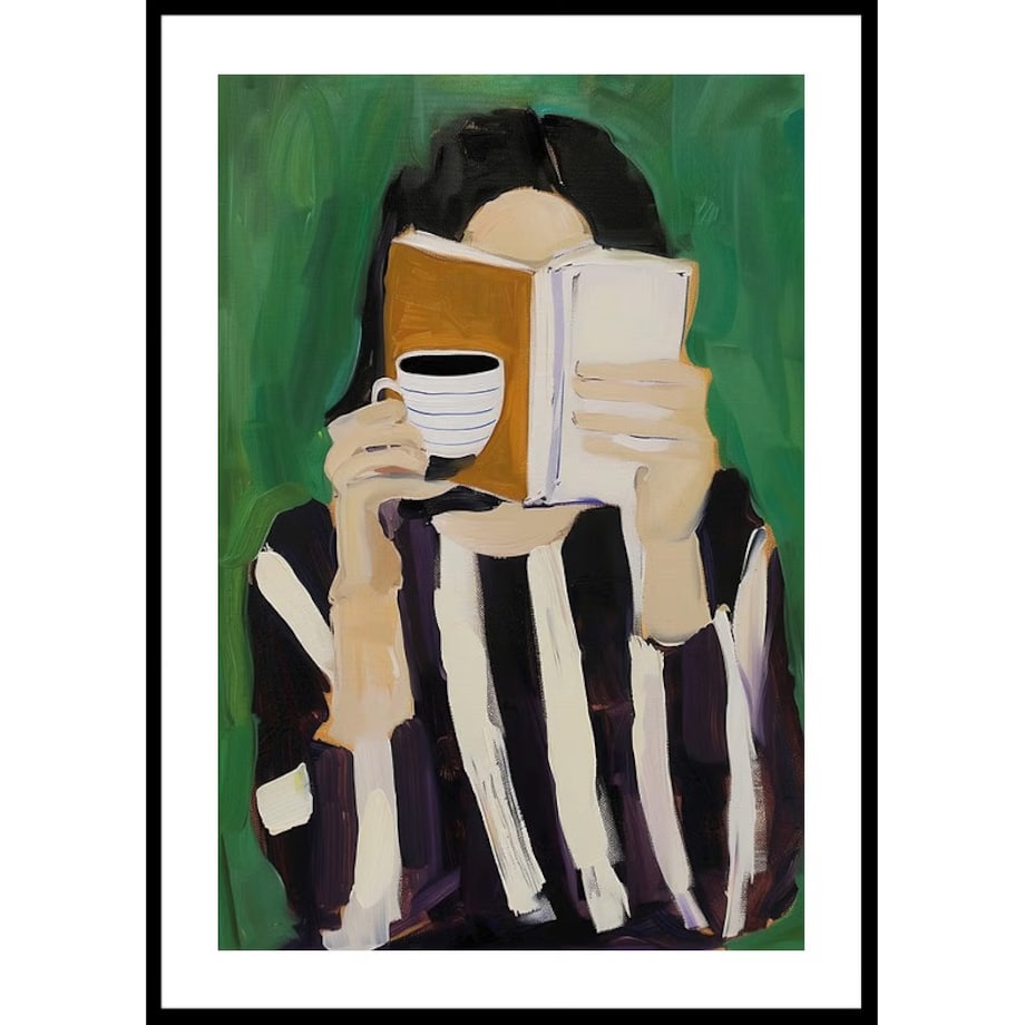 Poster Story, Plakat, Obraz - Kobieta z Książką i Filiżanką Kawy, wymiary 50 x 70 cm