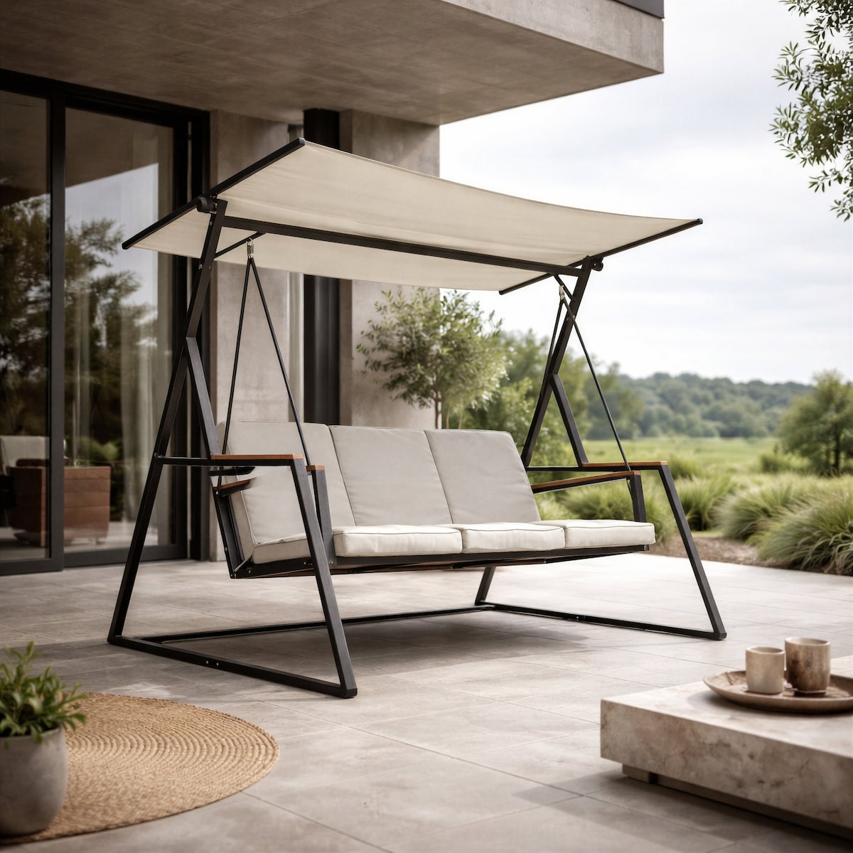 Huśtawka OGRODOWA 3-osobowa bujana z DASZKIEM duża METALOWA wolnostojąca