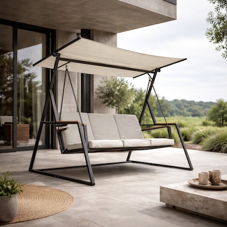 Huśtawka OGRODOWA 3-osobowa bujana z DASZKIEM duża METALOWA wolnostojąca