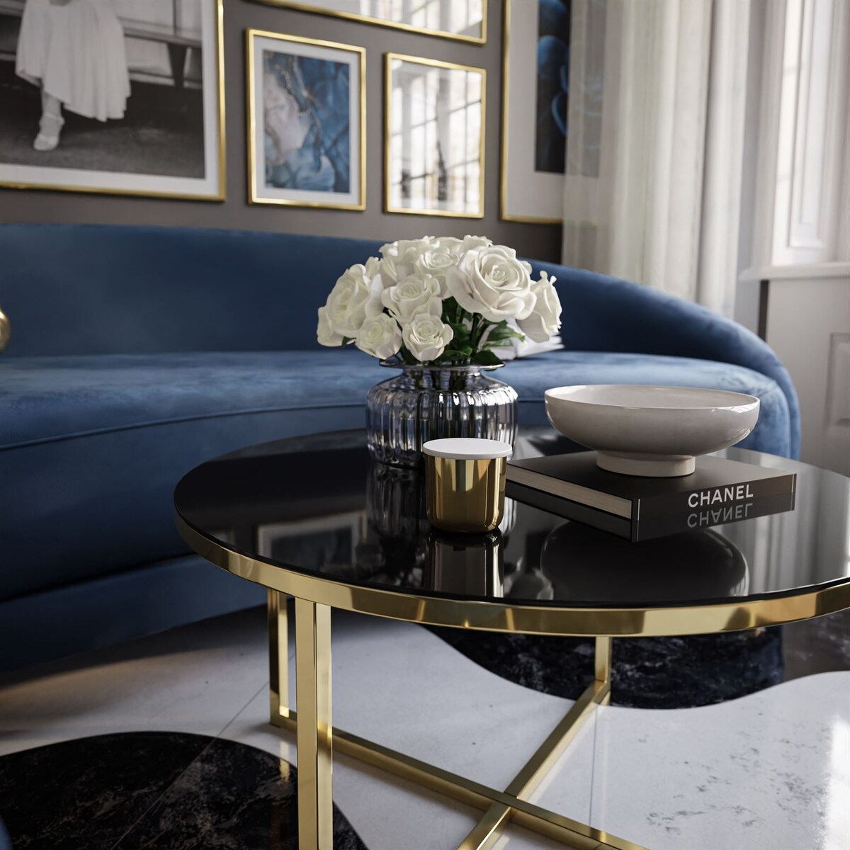 Okrągły stolik kawowy CIRI-X złoty chrom czarne szkło