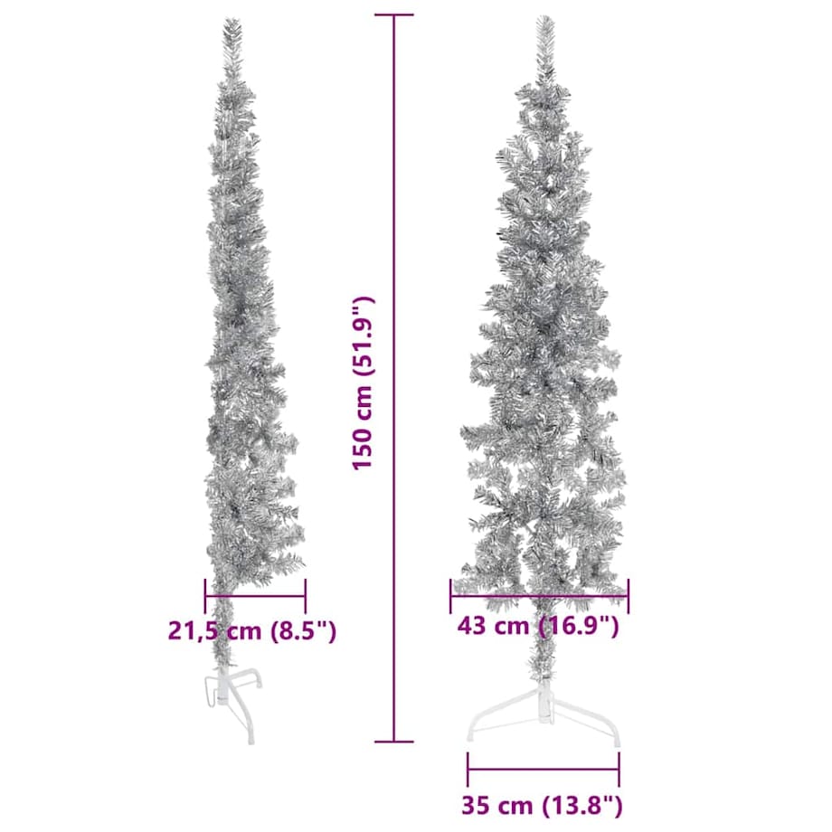vidaXL Smukła choinka połówka ze stojakiem, sztuczna, srebrna, 150 cm