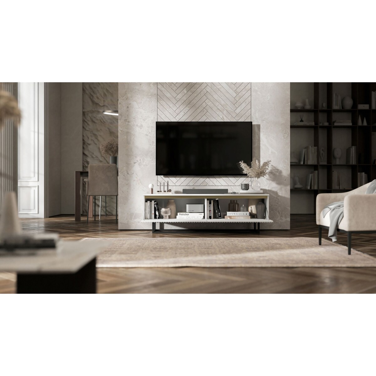 Nowoczesna Szafka RTV Glamour Komoda RTV Biały Mat 140 cm czarny stelaż