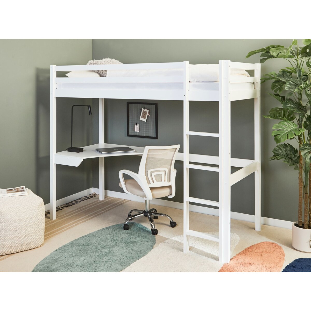 Łóżko na antresoli z biurkiem Drewno sosnowe LOURY 90 x 200 cm Biały