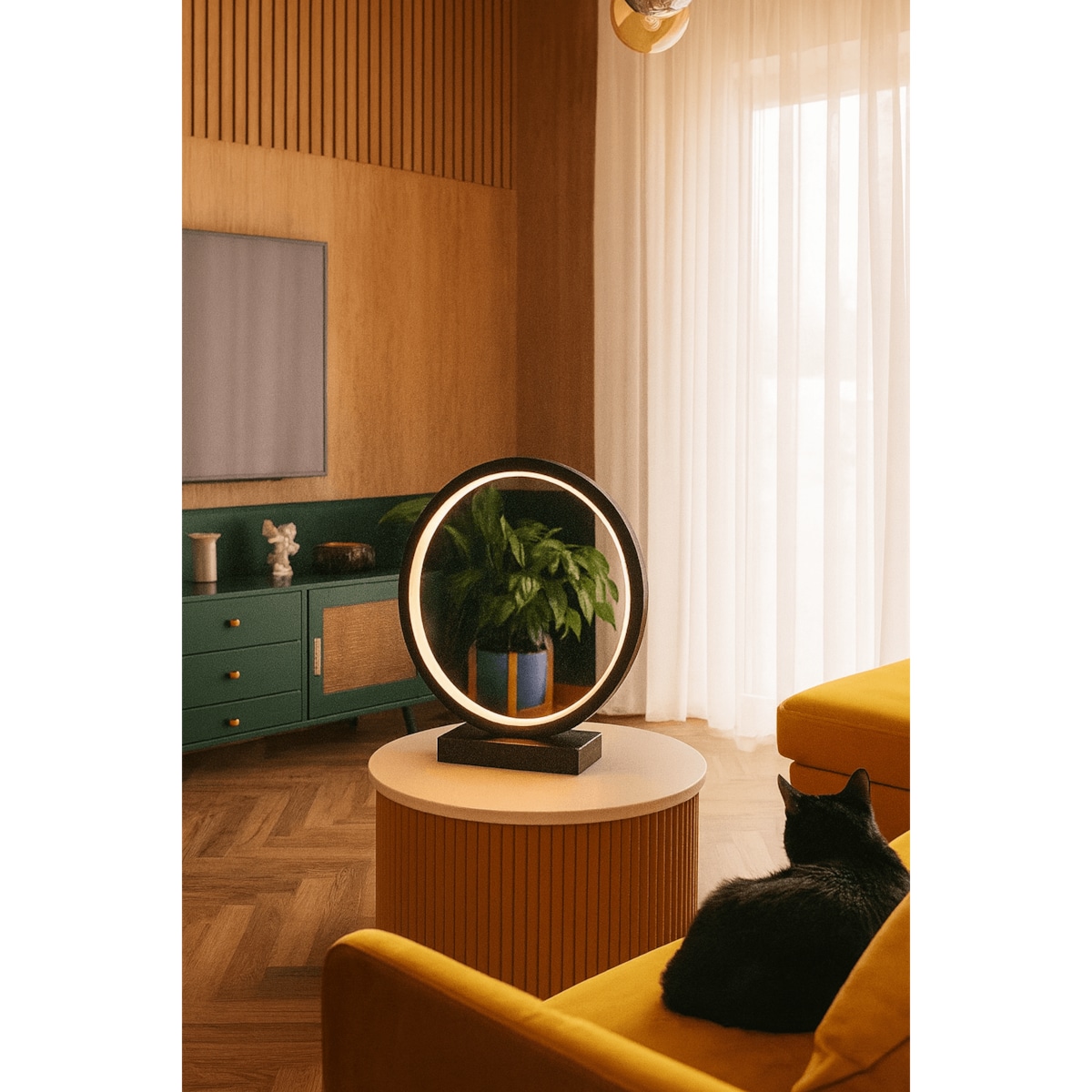 LAMPA STOŁOWA RAVELLA M OBRĘCZ BRĄZOWA IMITACJA DREWNA PODSTAWA CZARNY MARMUR