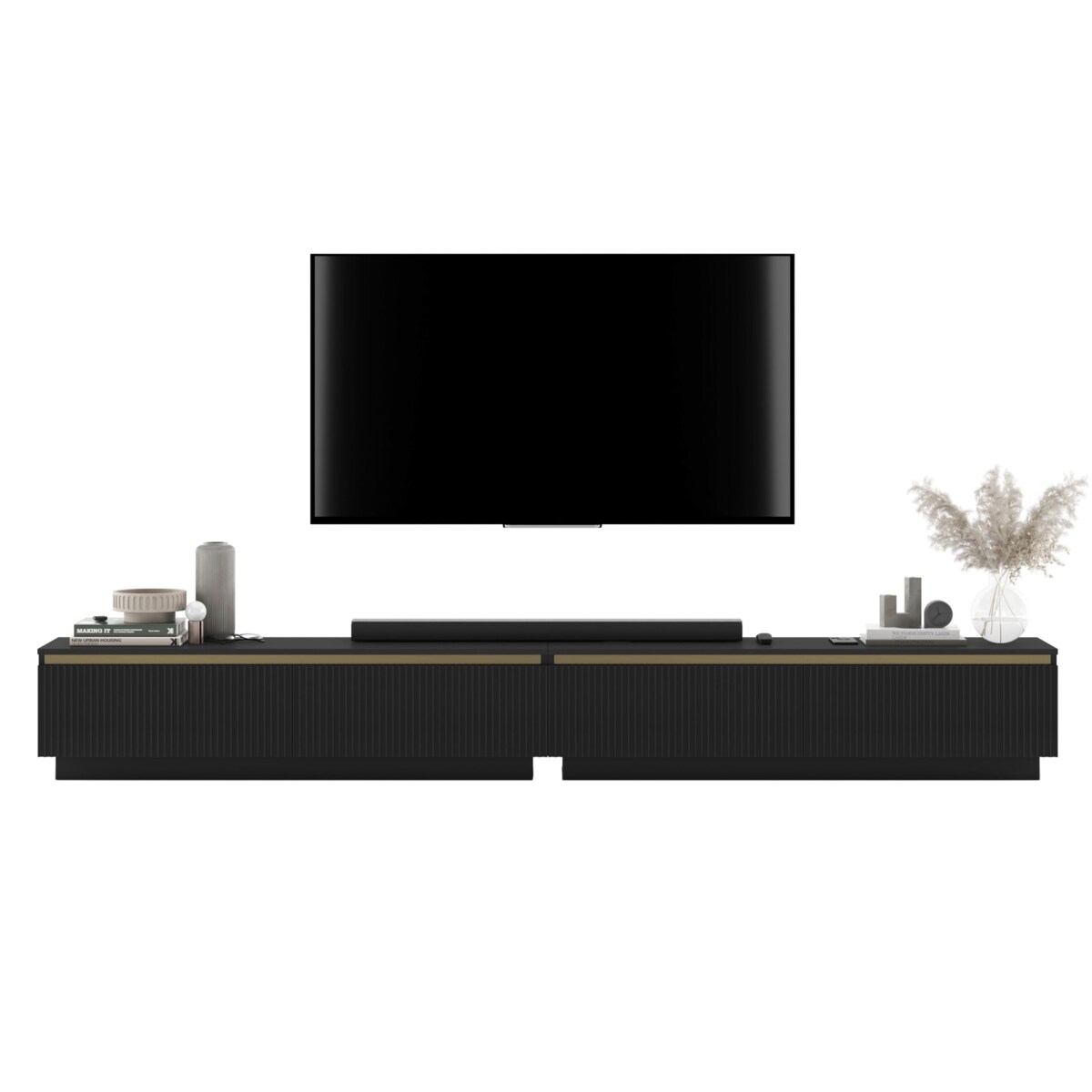 Nowoczesna Szafka RTV Glamour Komoda RTV Czarny Mat 280 cm ryflowane fronty