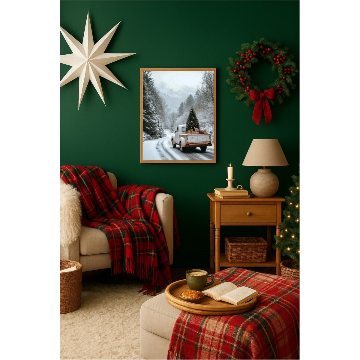 Poster Story, Plakat, Obraz - Biały Pick-up z Choinką w Śniegu, wymiary 70 x 100 cm