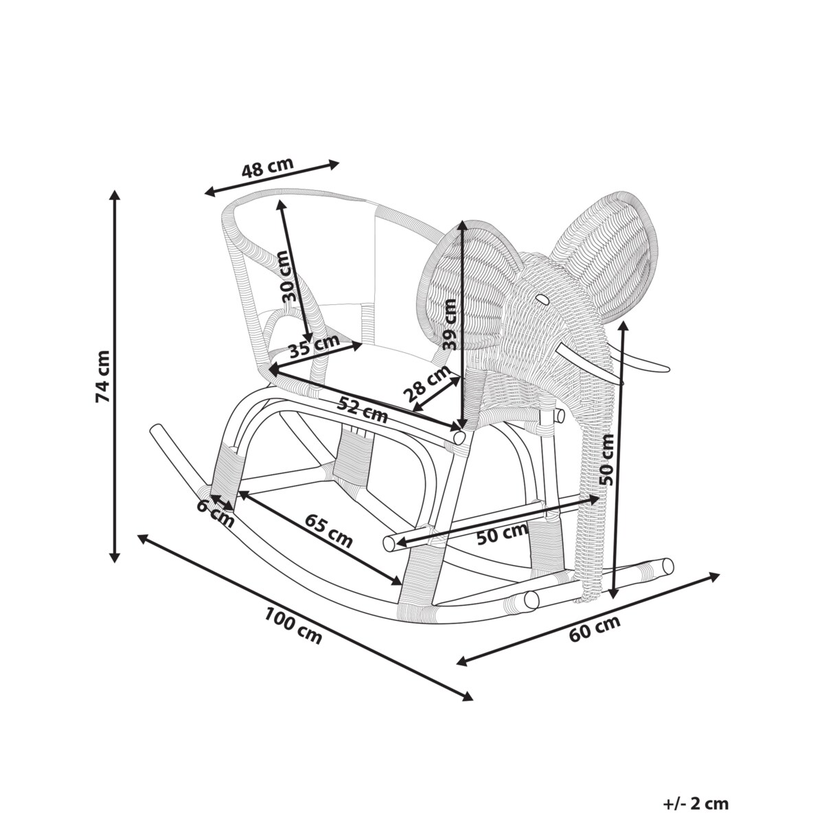 Rattanowy bujak na biegunach słoń naturalny AMPOLLINO