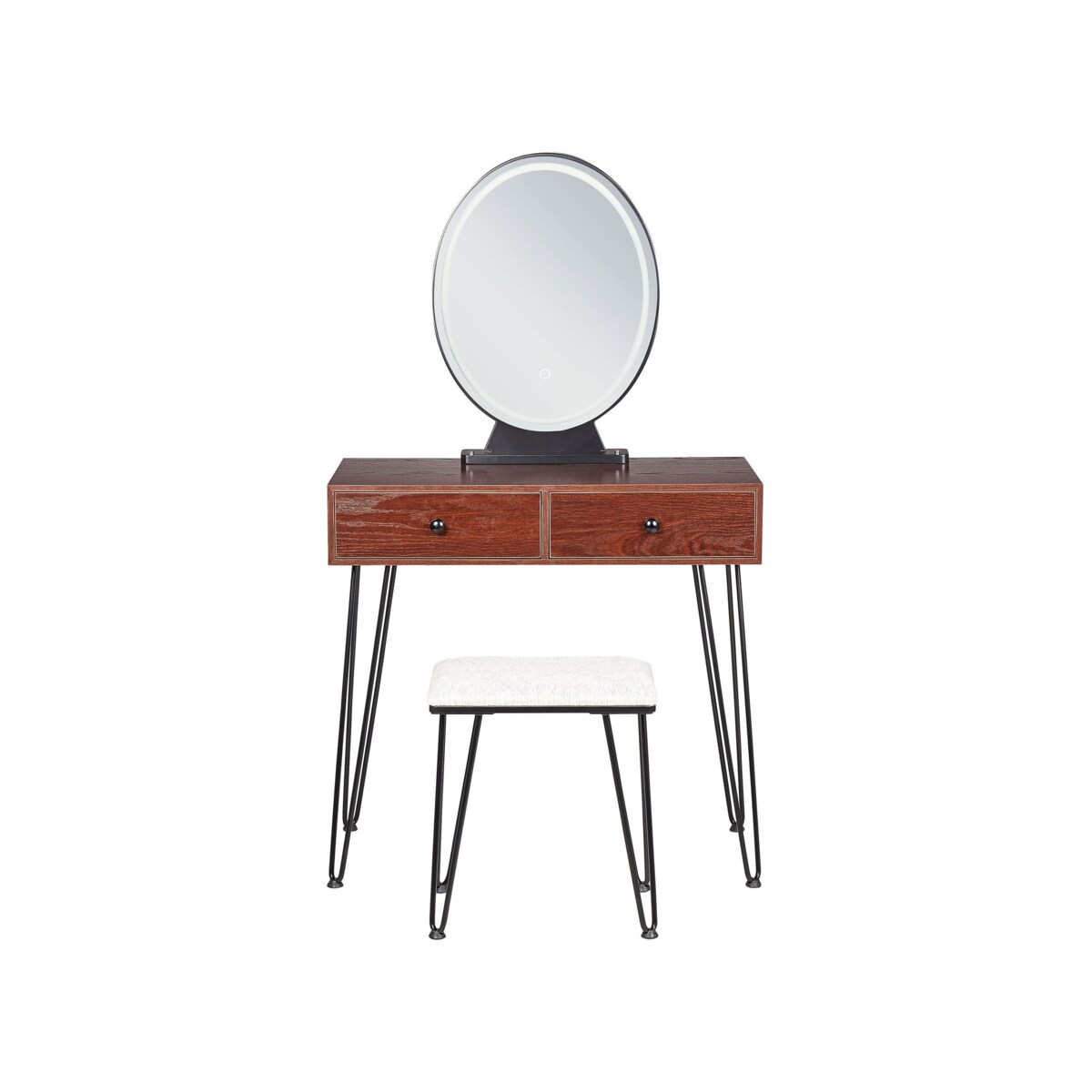 Toaletka 2 szuflady lustro LED ze stołkiem ciemne drewno z czarnym LOIX
