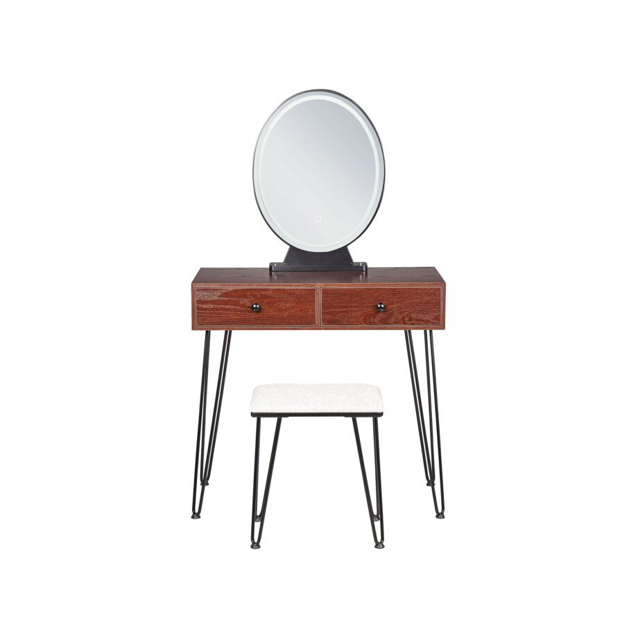 Toaletka 2 szuflady lustro LED ze stołkiem ciemne drewno z czarnym LOIX