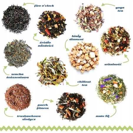 Powodzenia. Zestaw smakowych sypanych liściastych herbat 10 różnych smaków