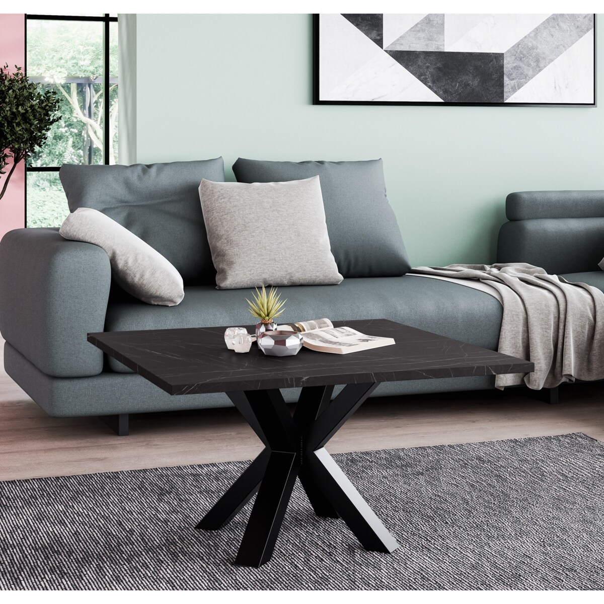 Stolik kawowy NEO kwadratowy 90x90 z metalową podstawą- marmur czarny