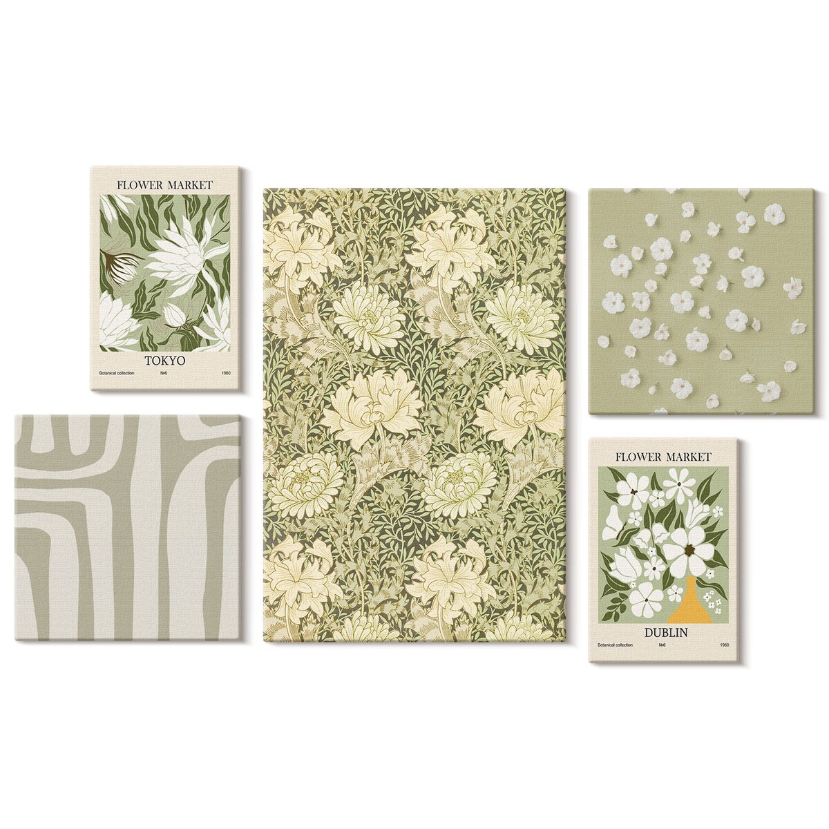 Zestaw 5 obrazów na płótnie - Roślinne boho z kwiatami - zielony