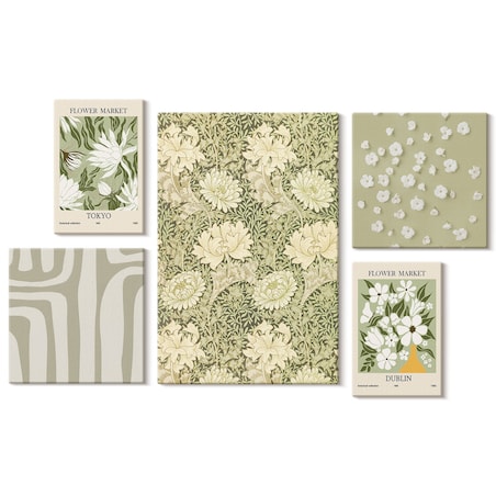 Zestaw 5 obrazów na płótnie - Roślinne boho z kwiatami - zielony