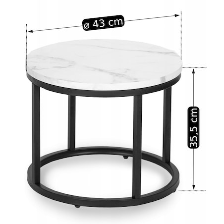 Stolik Kawowy Okrągły Loft Ława Do Salonu 2w1 DAFNE Biały Marmur Czarny