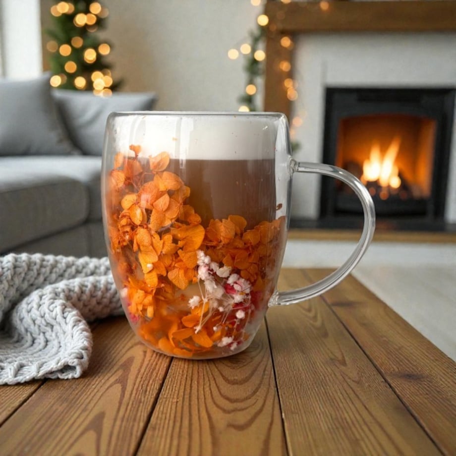 Szklanka termiczna z kwiatami w środku, gipsówka, hortensje, pomarańczowy róż 300 ml 1szt SZK196