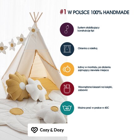 Namiot Tipi Daisy, zestaw z matą, poduszką i girlandą