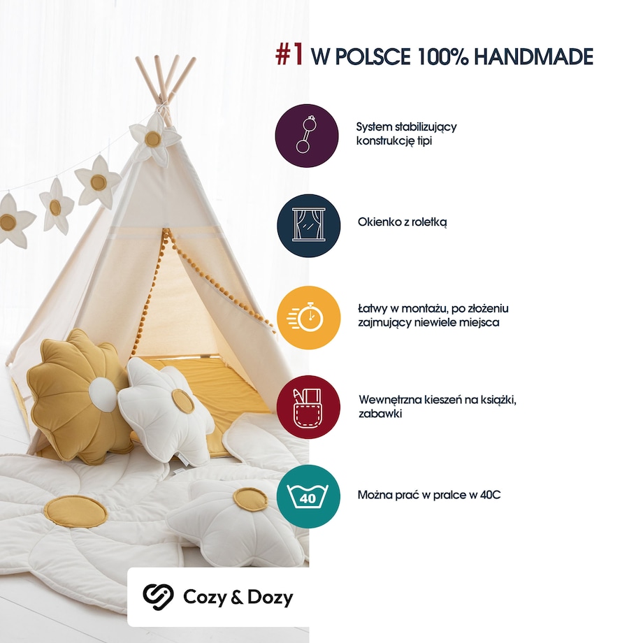 Namiot Tipi Daisy, zestaw z matą, poduszką i girlandą
