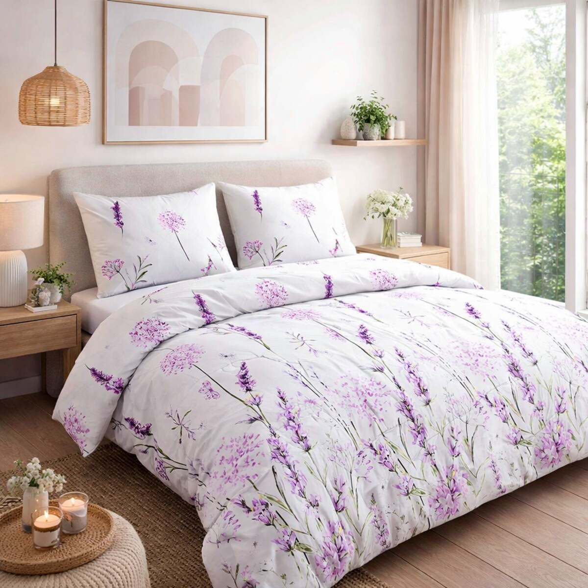 Pościel bawełniana 180x200 Lavenda biała z motywem fioletowej lawendy, Cottonlove