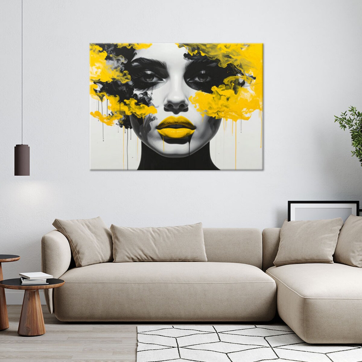 Obraz do salonu sypialni biura, Portret kobiety z elementami żóltego koloru 100x70 cm