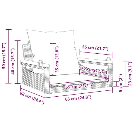 vidaXL Ławka bujana z poduszkami, szara, 63x62x40 cm, polirattan