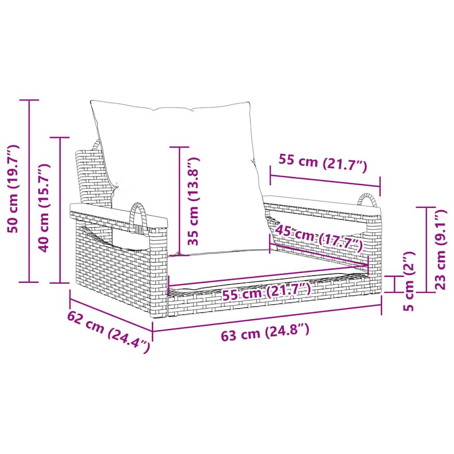 vidaXL Ławka bujana z poduszkami, szara, 63x62x40 cm, polirattan