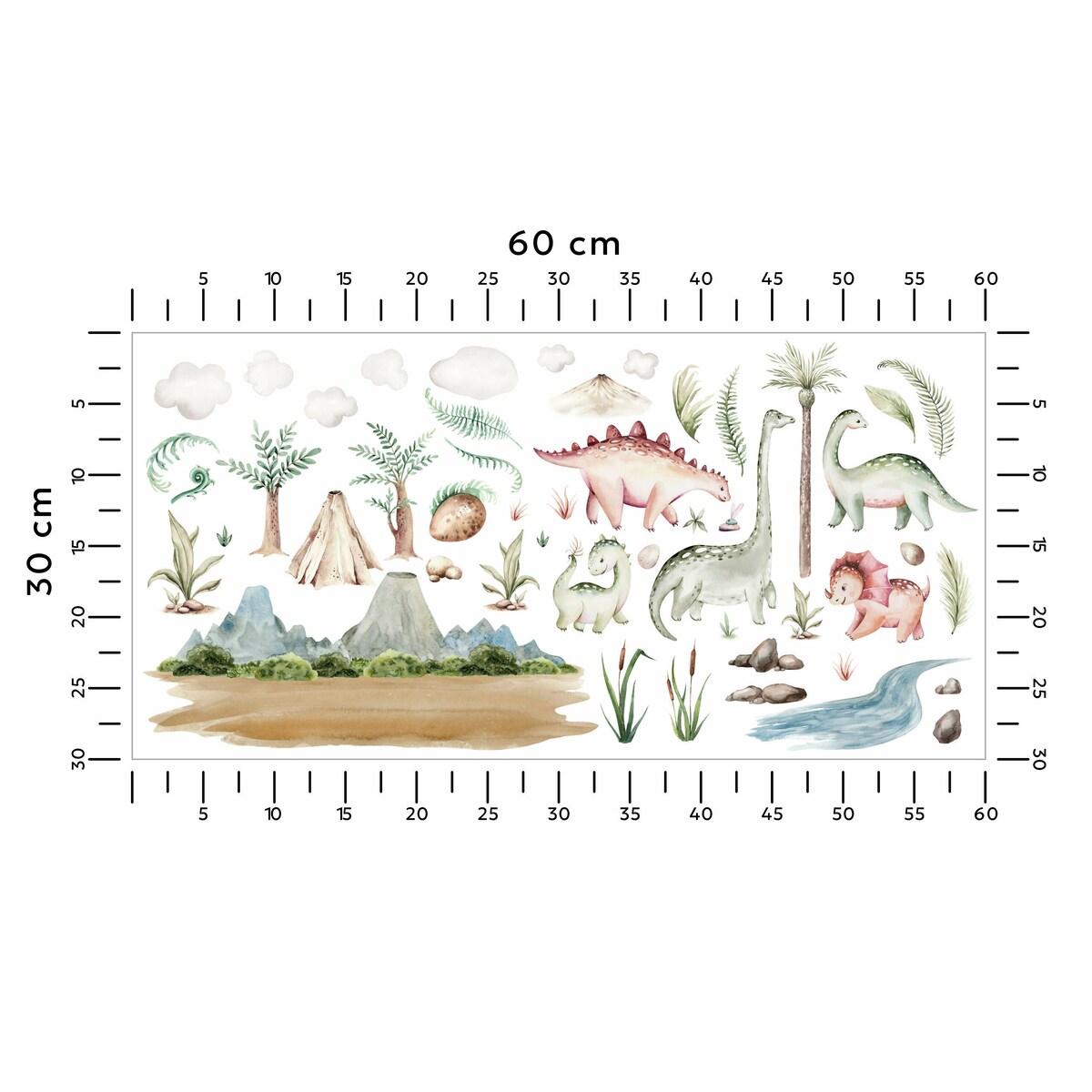 Naklejki Na Ścianę Dla Dzieci Dinozaury Wulkany Palmy Chmurki Boho Zestaw 60x30cm
