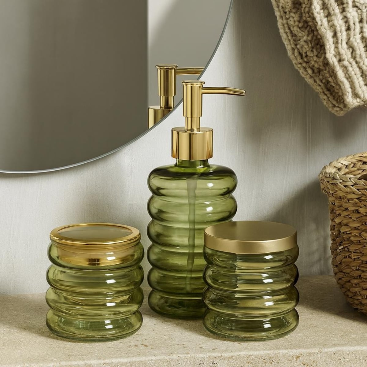 Zestaw łazienkowy szklany - dozownik, kubek i pojemnik 19x8,5 cm IMPOSTATO zielony