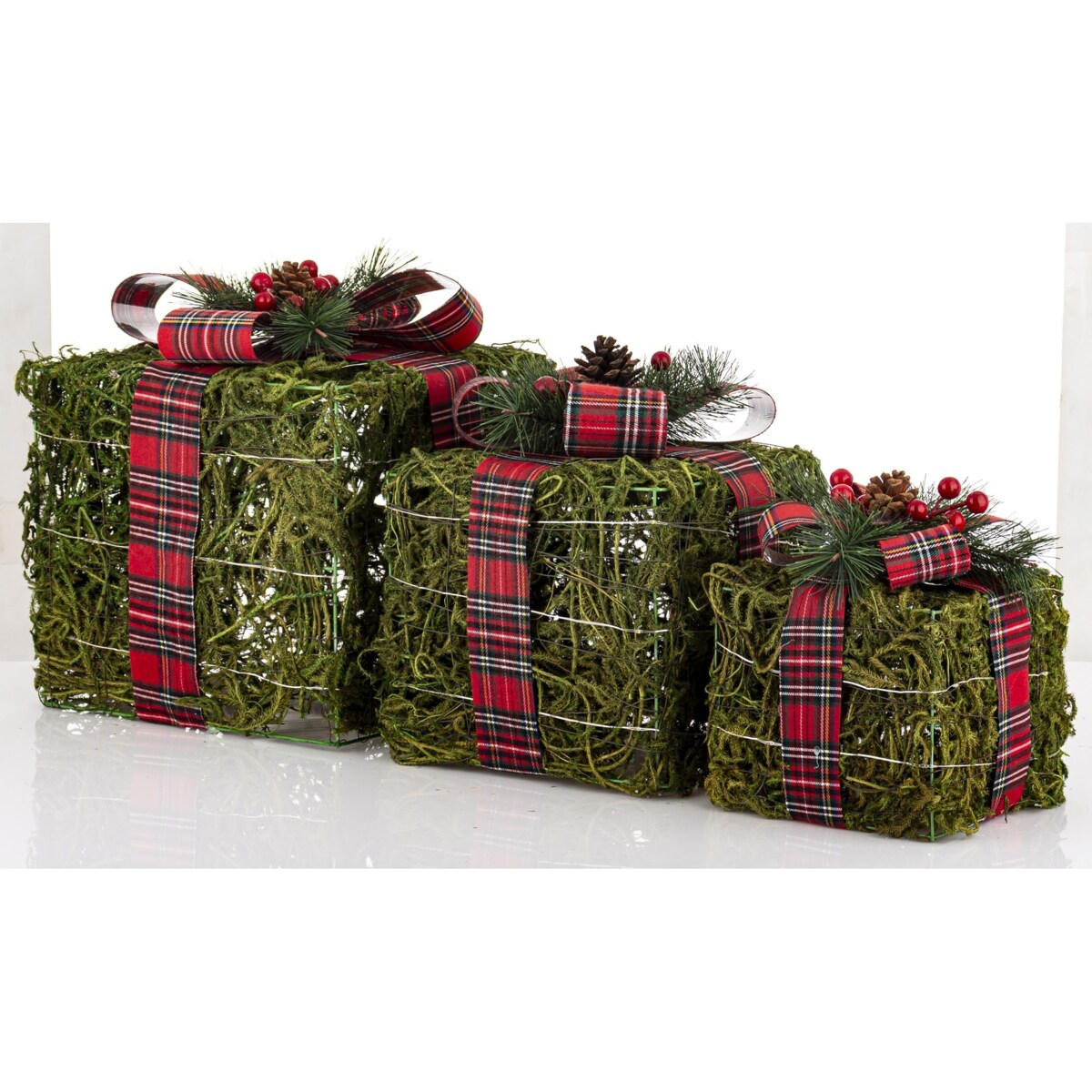 Dekoracja LED - 3 szt. 30x27, 25x22, 12x16 cm pudełek z czerwoną kraciastą wstążką