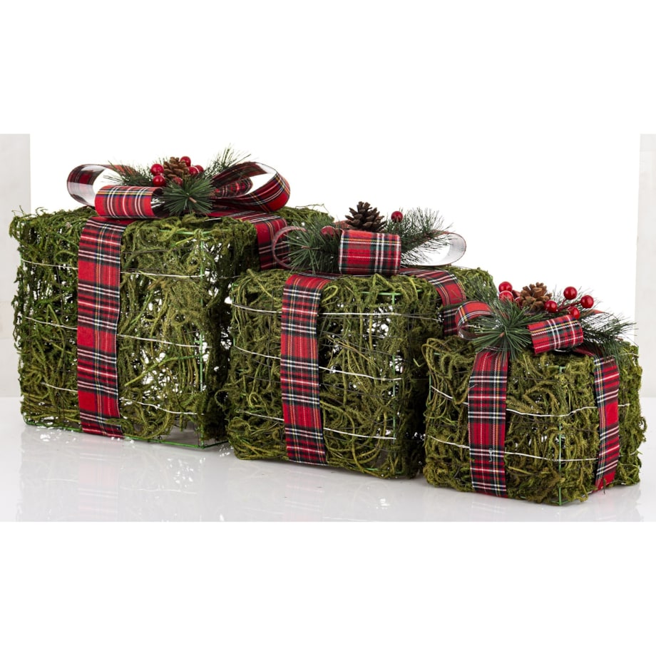 Dekoracja LED - 3 szt. 30x27, 25x22, 12x16 cm pudełek z czerwoną kraciastą wstążką