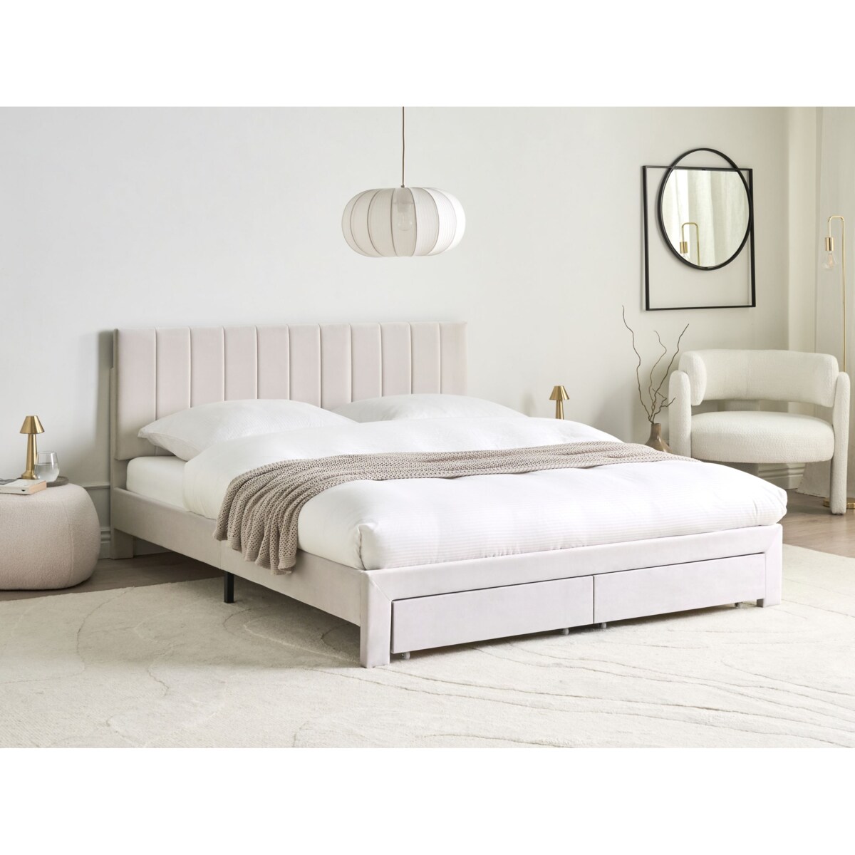 Łóżko z szufladami Welur LONZAC 160 x 200 cm Złamana biel
