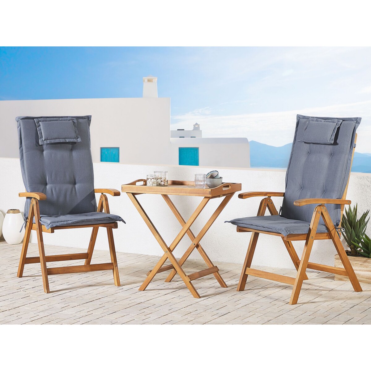Zestaw mebli balkonowych drewno akacjowe z poduszkami niebieskimi JAVA