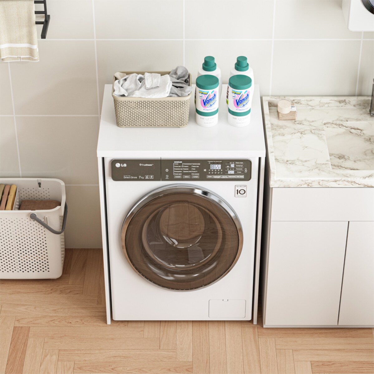 Szafka łazienkowa nad pralkę suszarkę słupek regał zabudowa agd biała 66 cm