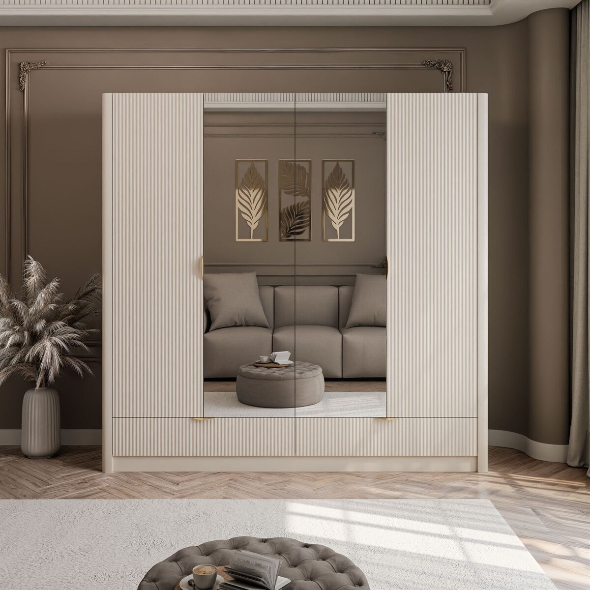 Szafa SCARLETT z lustrem i szufladami beżowa złote uchwyty