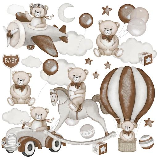 Naklejki Na Ścianę Dla Dzieci Misie Gwiazdy Balonu Koń Na Biegunach Zestaw 60x30cm