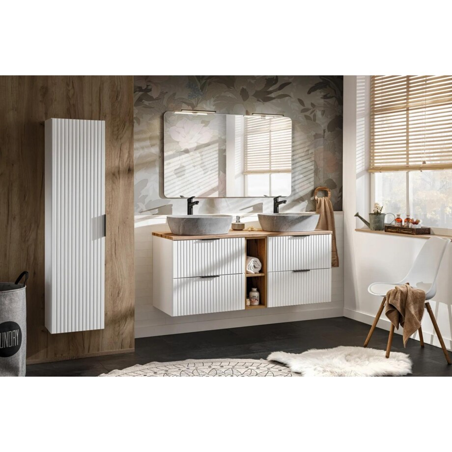 Szafka pod umywalkę nablatową ADEL WHITE 82 60cmx2 biała - zestaw 140 cm z regałem i blatem