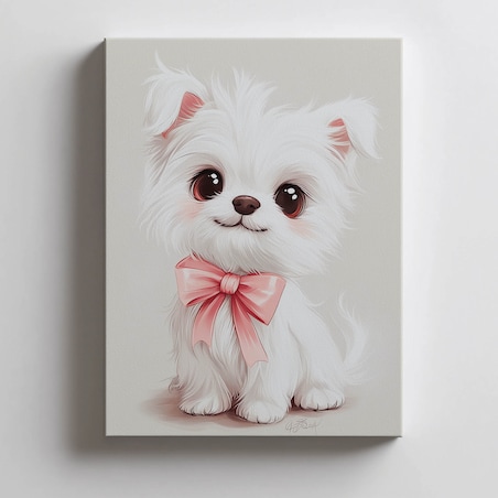 Plakat Uroczy piesek w różowej muszce, 30x40 cm, bez ramy, płótno premium na blejtramie