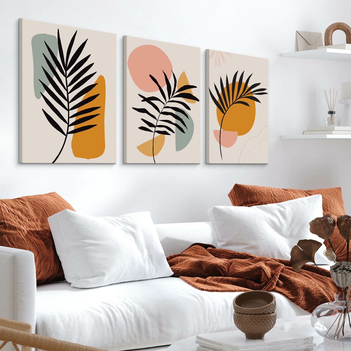 OBRAZY DO SALONU SET LIŚCIE PALMOWE NATURA ABSTRAKCJA STYL BOHO 90x40cm