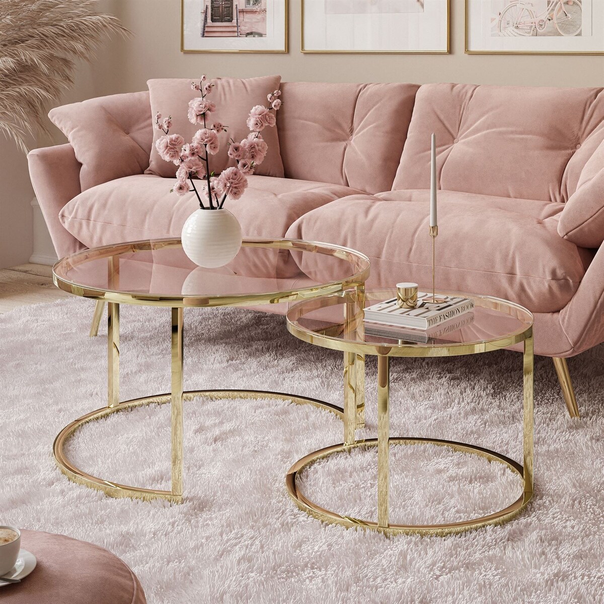 Okrągła ława CIRI 2w1 złoty chrom przeźroczyste szkło