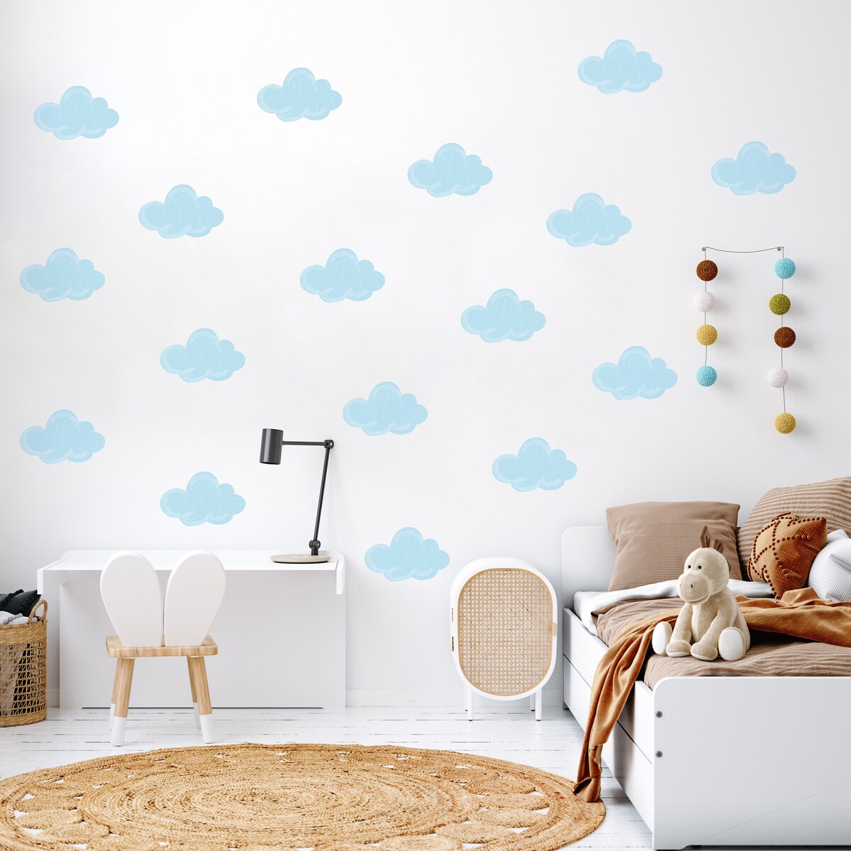 Naklejki Ścienne Dla Dzieci Niebieskie Chmurki Chmury Styl Boho Zestaw 120x60cm