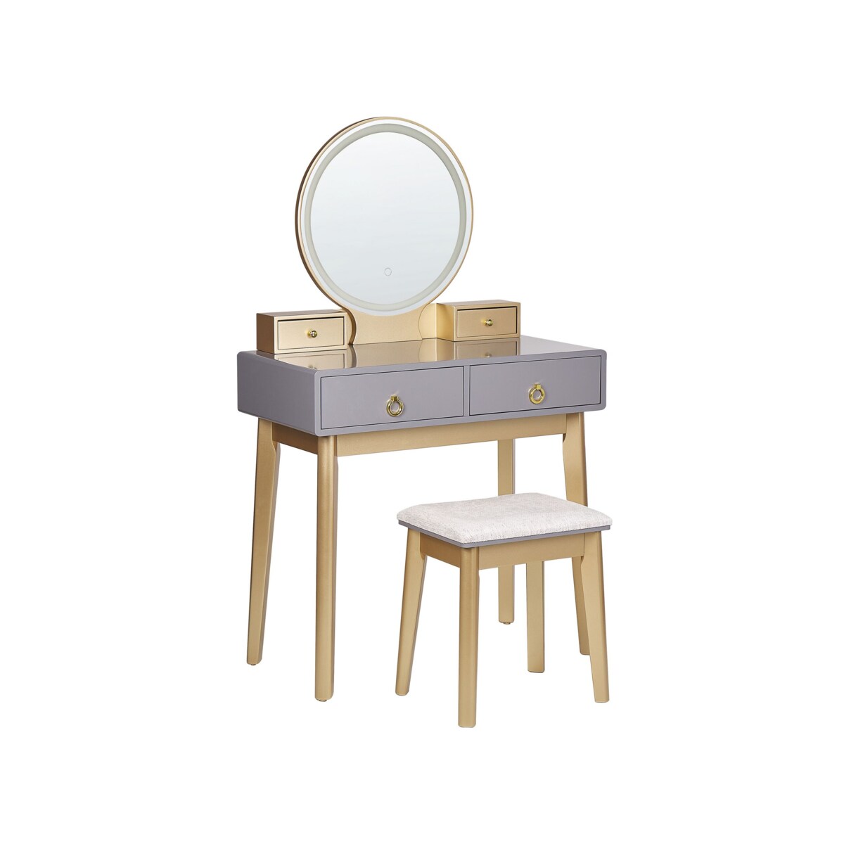 Toaletka 4 szuflady lustro LED ze stołkiem szaro-złota FEDRY