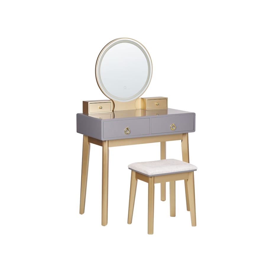 Toaletka 4 szuflady lustro LED ze stołkiem szaro-złota FEDRY