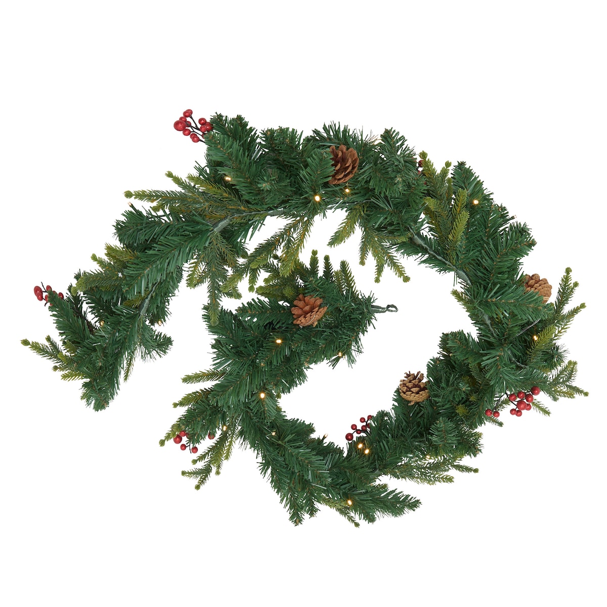 Girlanda świąteczna, choinka z jagodami i szyszkami, 180 cm, LED, kolor zielony, tworzywo sztuczne